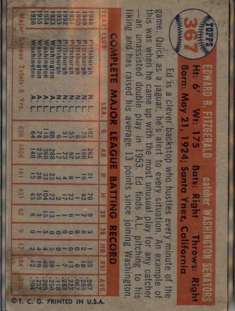 1957 Topps #367 Ed FitzGerald - (pk1) - Washington Senators