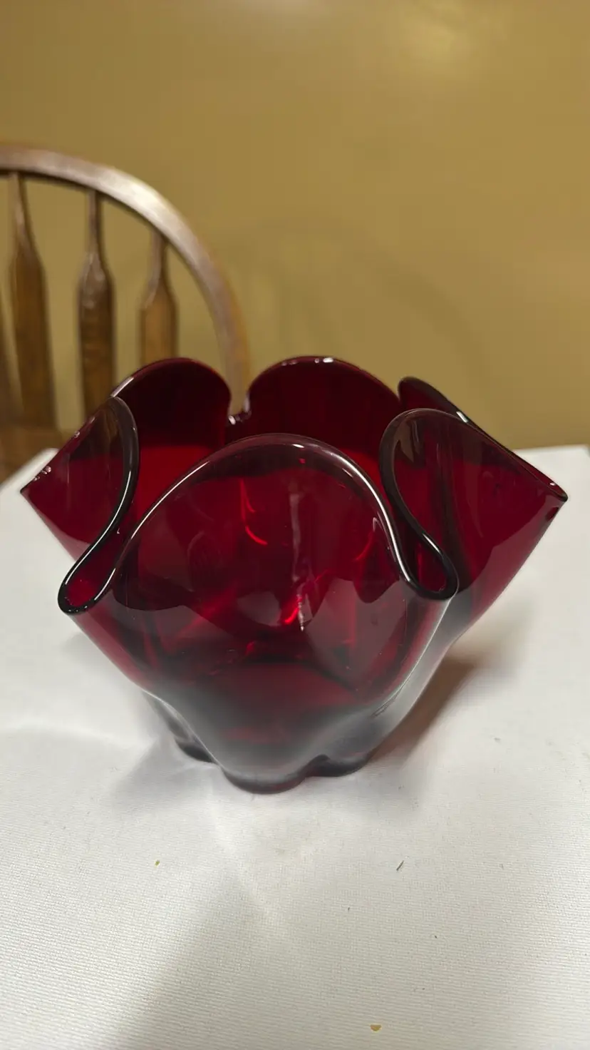 Duncan Miller Glass Ruby Red Canterbury Crimped Vase 7.5” diameter x 5.5”tall