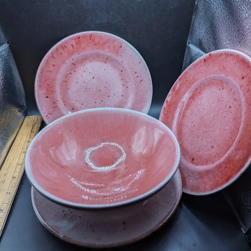 Lot of 4 Studio Art Pottery Pieces 3 Luncheon Dessert Plates and 1 Bowl Signed