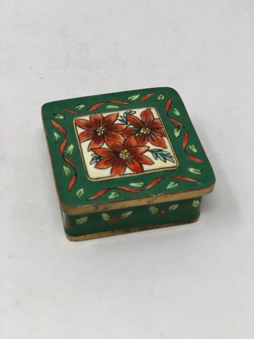 Enamel on Metal Poinsettia Trinket Box