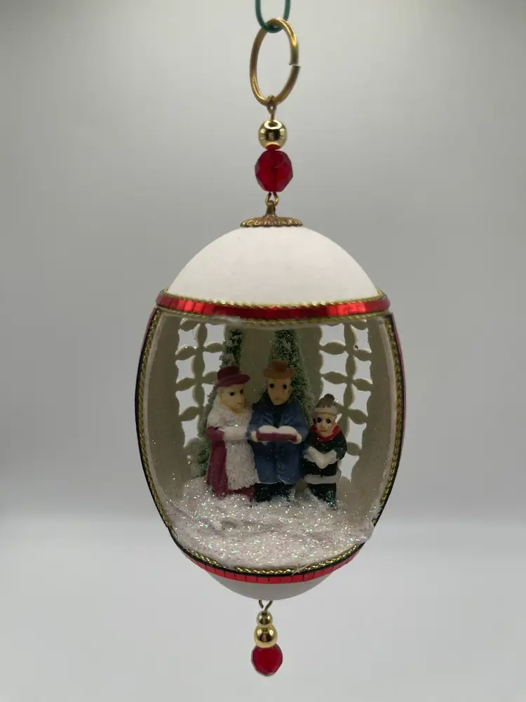 Vintage Christmas Embellish Large Egg Diorama Carolers Red Trim Elegant Ornament