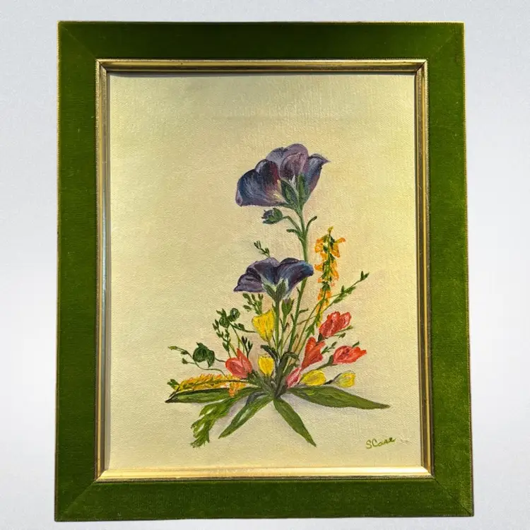 Vintage Floral Still Life -Oil Painting in Green Velvet- Wood Frame – Signed “S. Case” 12x9.75”