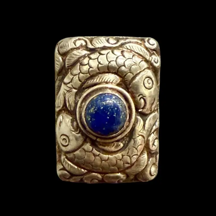 Vintage Rare Huge Sterling Silver Lapis Lazuli Nepalese Double Fish Ring Size 10, 21.1g