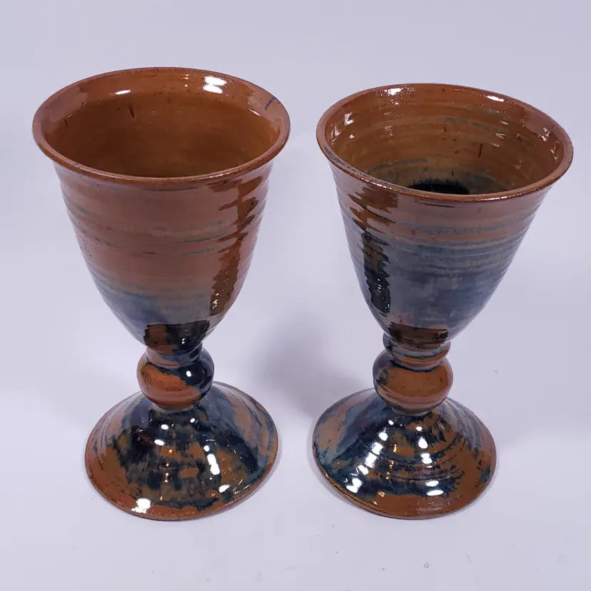 STONEWARE Dark Blue Earth Tone Drip Glaze Hand Thrown Wine GOBLET CHALICE SET