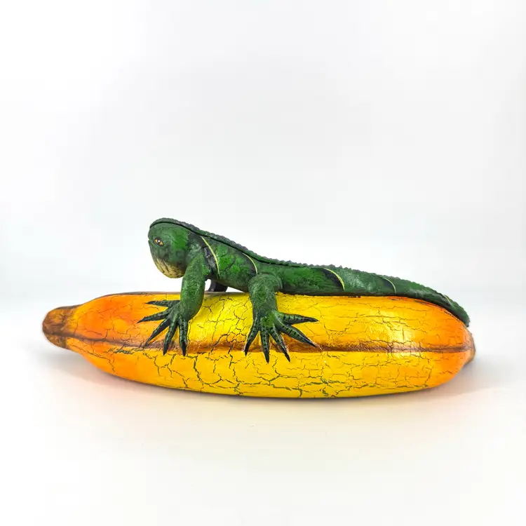 E. Alvarez Handcrafted Sculpture Of Green Iguana Resting On Yellow Banana Mexico