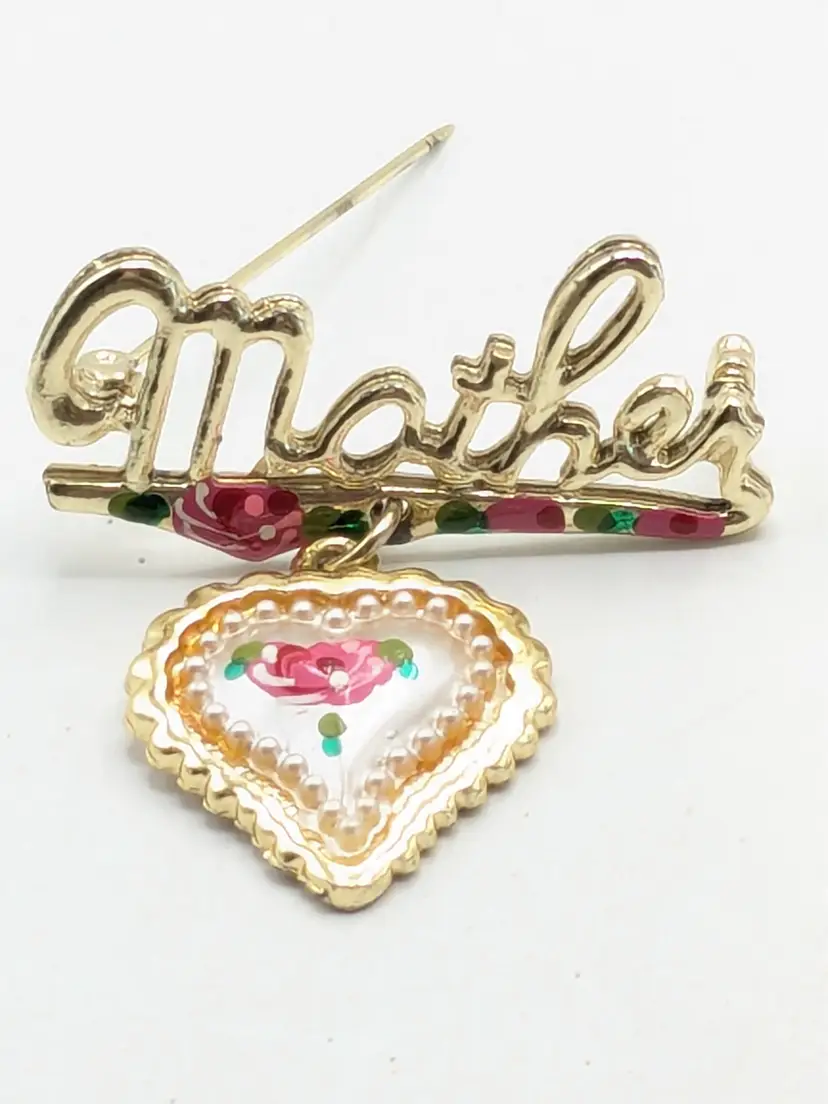 Vintage 'Mother' Brooch with Pink Floral Heart Charm