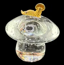 Mushroom Paperweight Caterpillar Wearing Bonett Gold Tone 3 1/2x 3"