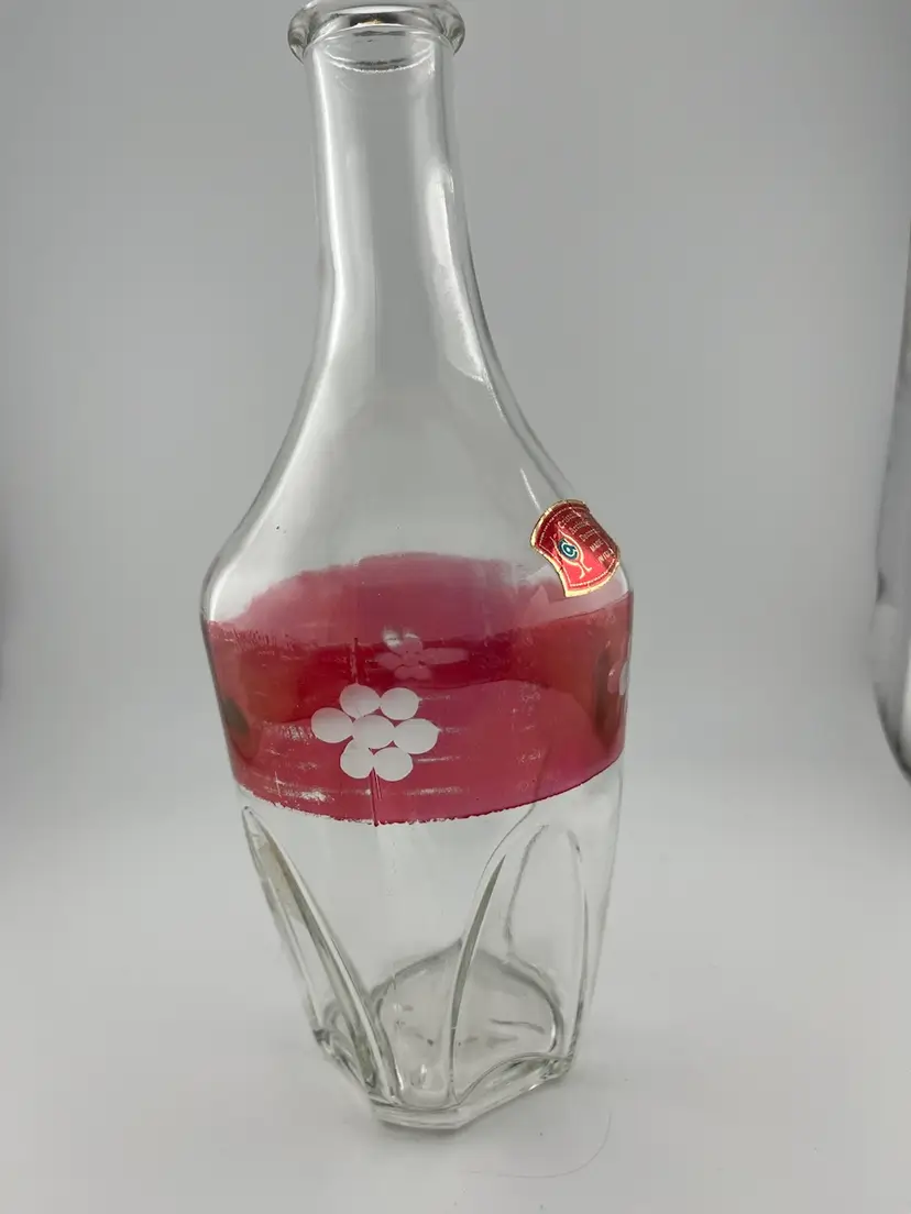 Clear Bottle with floral etching, ruby red flash painted band