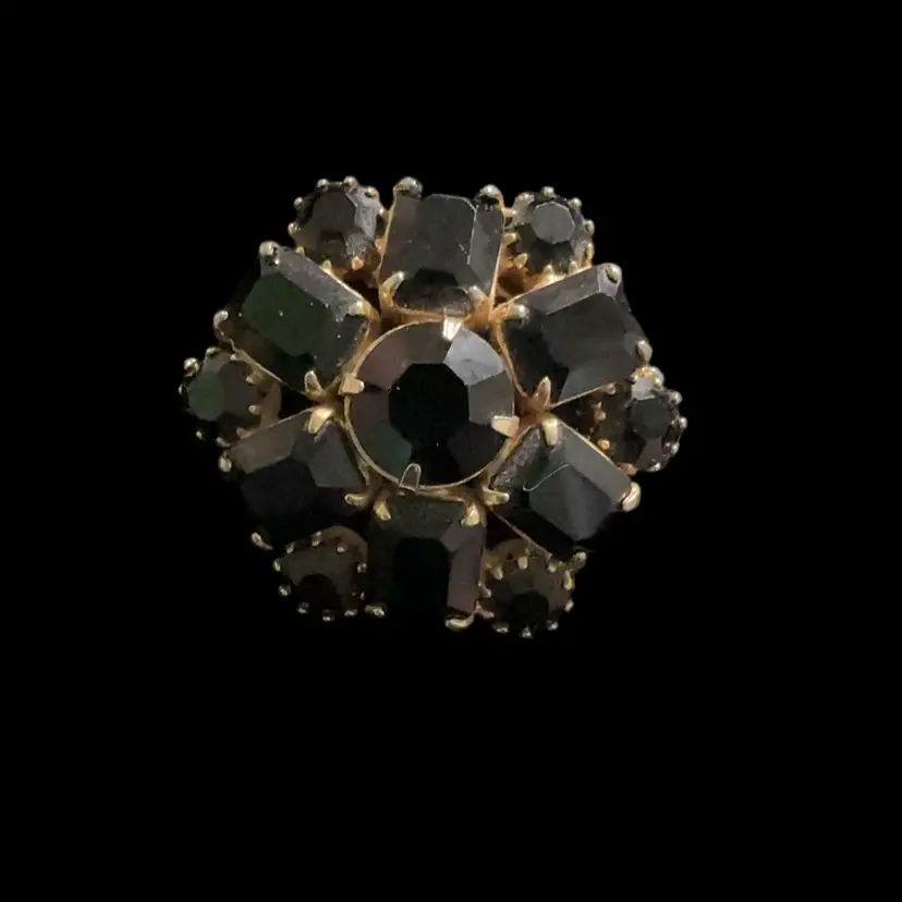 Vintage Goldtone  Prong Set Black Glass Rhinestone Cluster Brooch . Not Signed