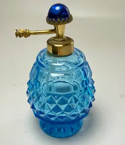 Vintage Irice Blue Diamond Pressed Glass Perfume Bottle Jewel Jellybean Finial