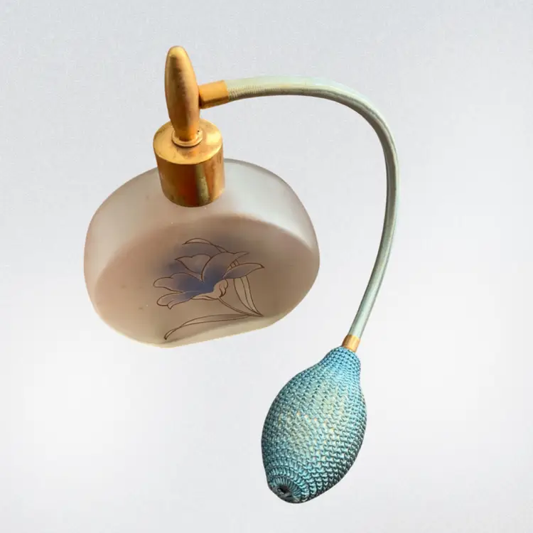 Perfume Bottle w/ Atomizer Frosted Vintage Glass Blue Flower | 5” *read