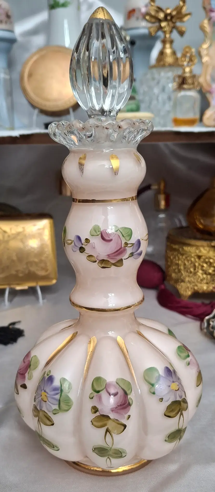 68 Vintage Fenton Glass Charleton Silvercrest Melon Shaped Long Neck Perfume Bottle