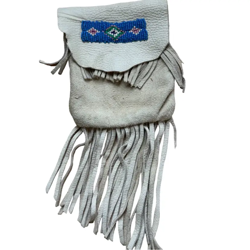 Older Medicine Bag White Leather With Seed Bead