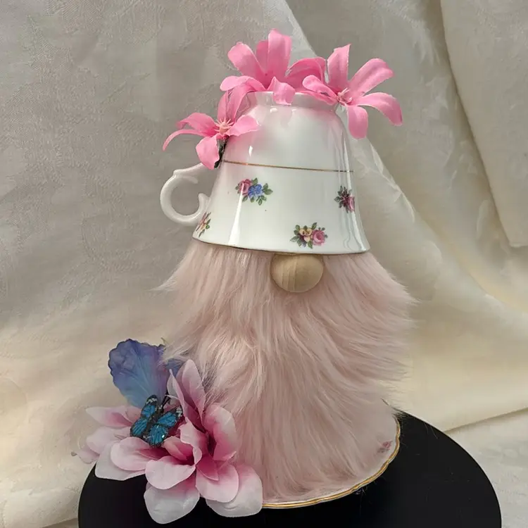 Vintage Tea Cup Gnome Handmade approximately 8 1/2 inches tall