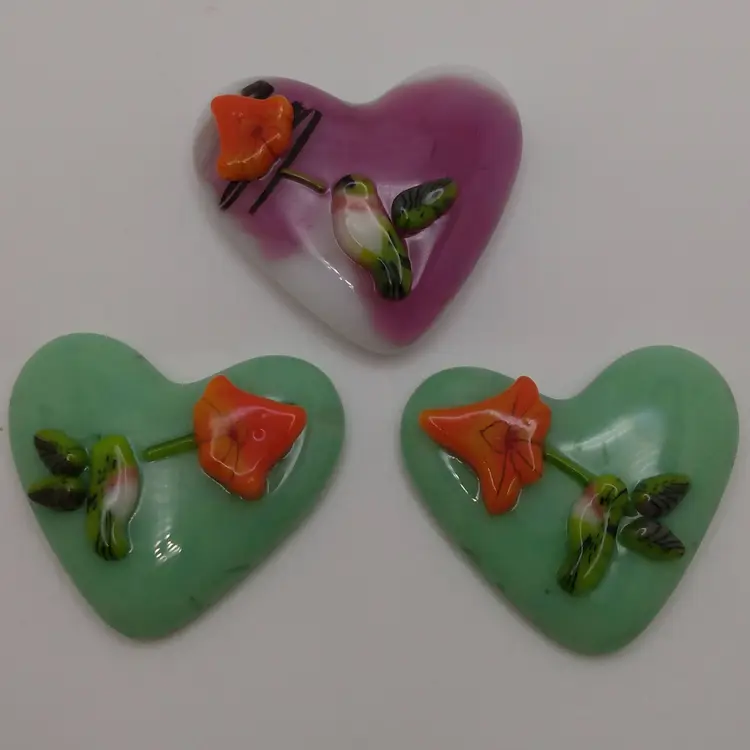 Made by Me! Fused Glass Heart with 3D Hummingbird 1 3/4" Handcrafted Studio Art