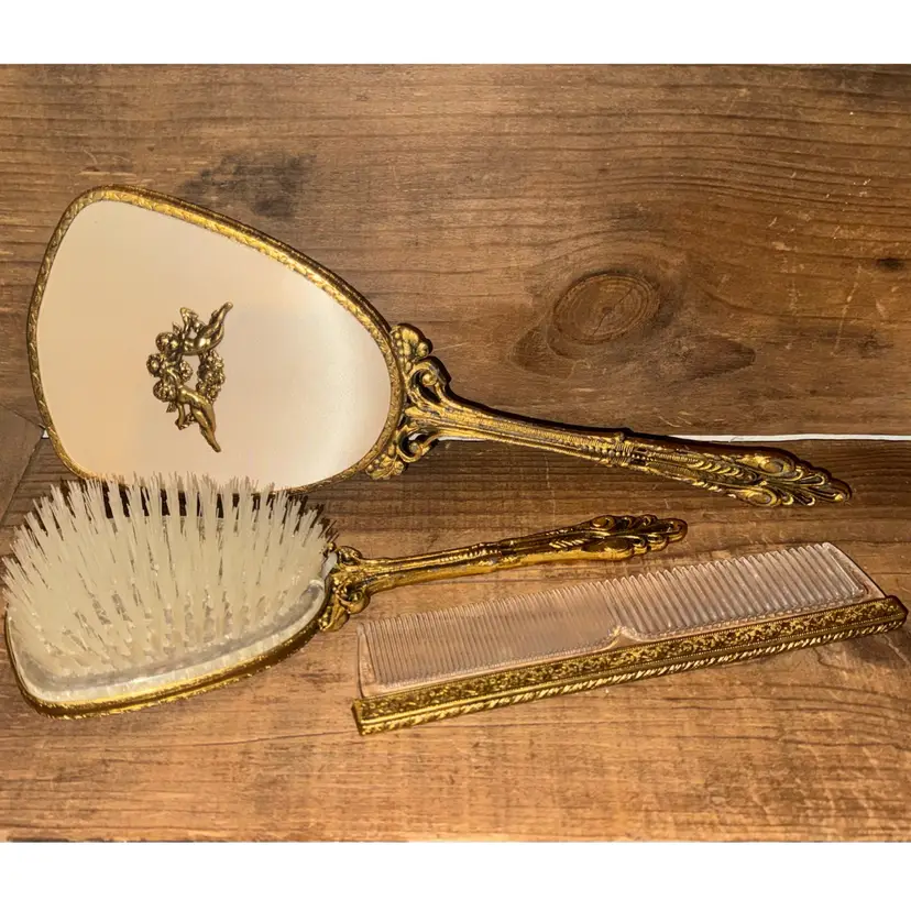 Vintage Hollywood Regency Cherub 24K Gold Plated 3 Piece Vanity Set By Globe, Made in USA