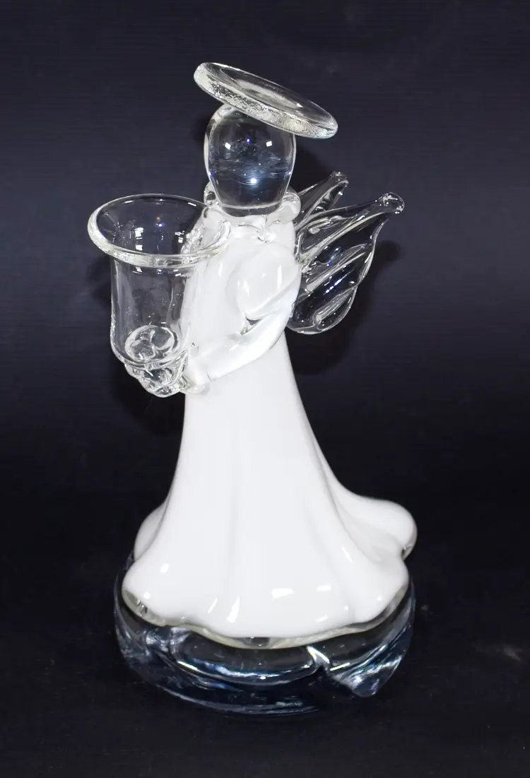 Art Glass Hand Blown Angel Candle Holder Clear Crystal & Milk Glass 7.5" Tall