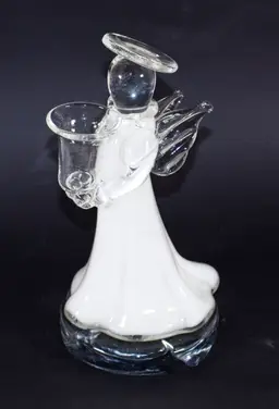 Art Glass Hand Blown Angel Candle Holder Clear Crystal & Milk Glass 7.5" Tall