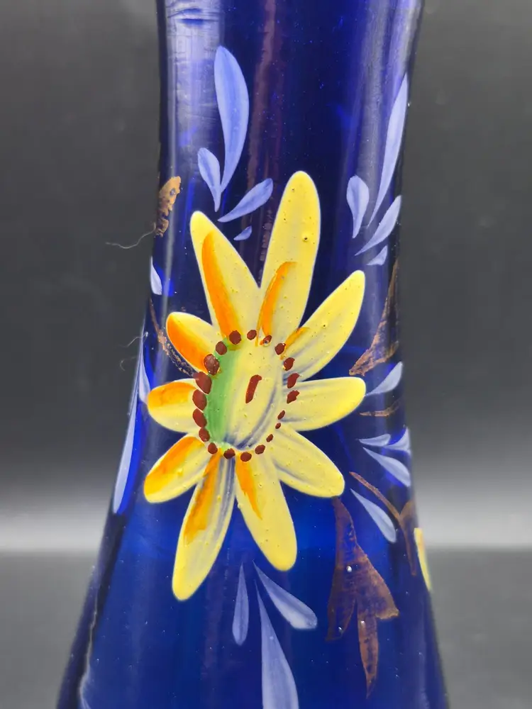 Vintage Hand Blown/ Painted Blue Glass Vase With Fluted Gold Edge Floral Design