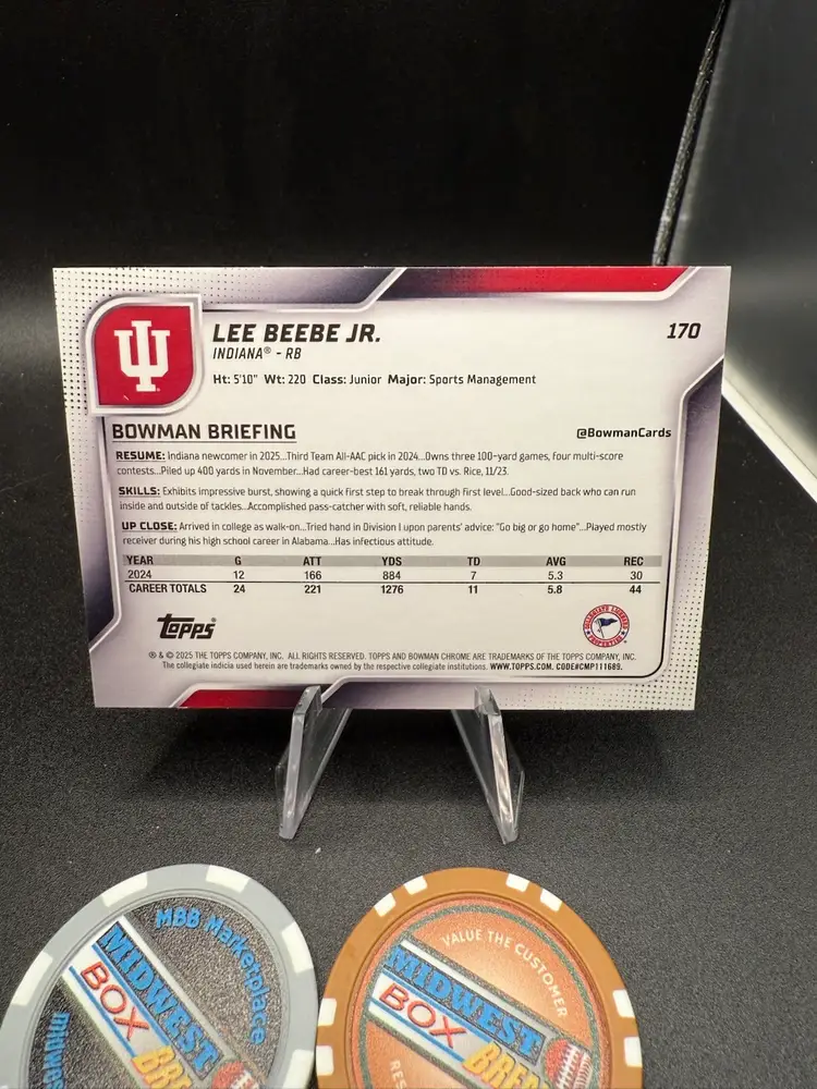 Lee Beebe Jr. 1st Bowman #/275 2025 Bowman Chrome University Indiana Hoosiers