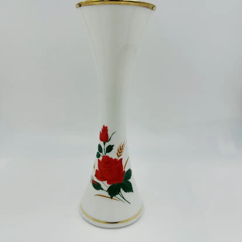 Vase Red Roses Milk Glass Hand Painted Gold Rim Flower Stem Decor Art