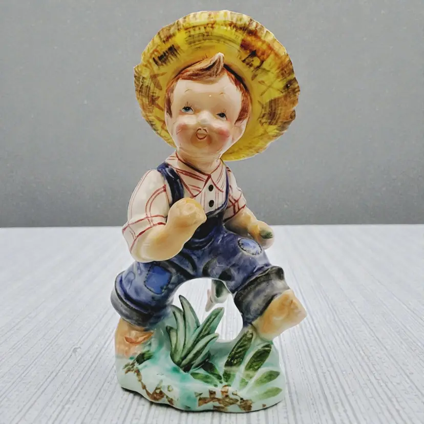 Vtg Lefton Porcelain Boy Fishing In Straw Hat Figurine Missing Fishing Rod AS IS