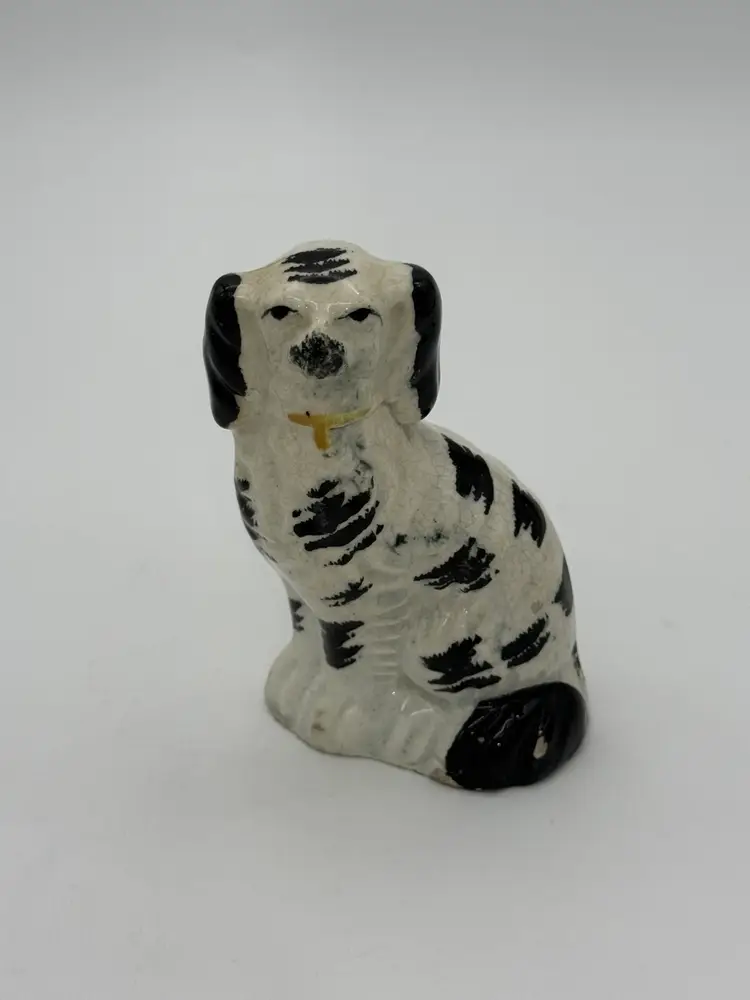 Antique Staffordshire Style English Spaniel Dog Figurine Small Black & White 4”
