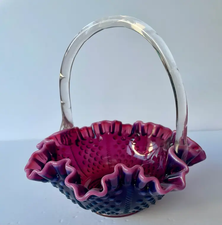 Fenton Plum Opalescent Hobnail Crimped Edge 8” Basket - Vintage - Purple