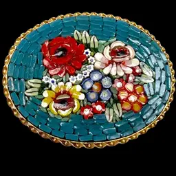 #01 1-1/2” Oval Flower Micro Mosaic Vintage Brooch. Gold-tone Metal & C-clasp. Beautiful Bright Colors & Lovely Cerulean Blue Background.