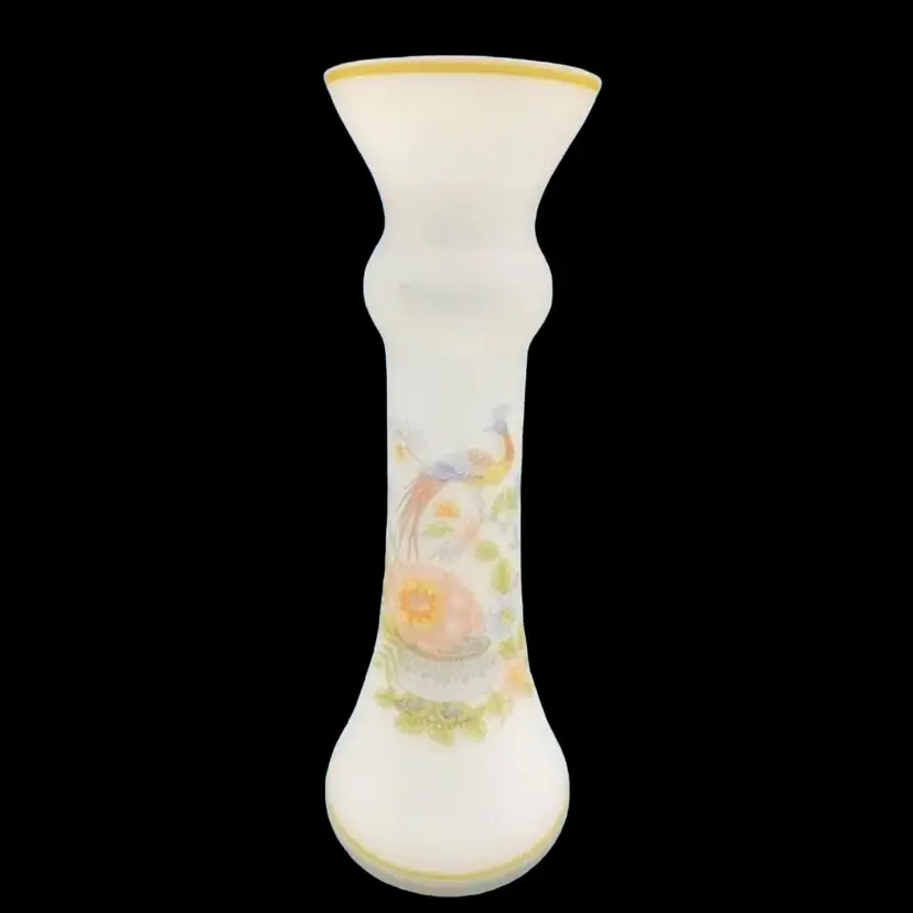 Vintage Frosted Glass Vase Peacock And Flowers Made In Peru 10”