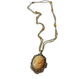 Cameo Silver & Brass Tone Vintage Cameo Pendant Double Strand Chain Necklace With Amber & Faux Pearl Beads - Pendant 1.75” Necklace 18”