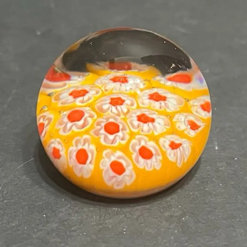MARKDOWN! Small Yellow Orange White Millefiori Art Glass Paperweight *PLEASE READ* ~1.75” x 2” diameter