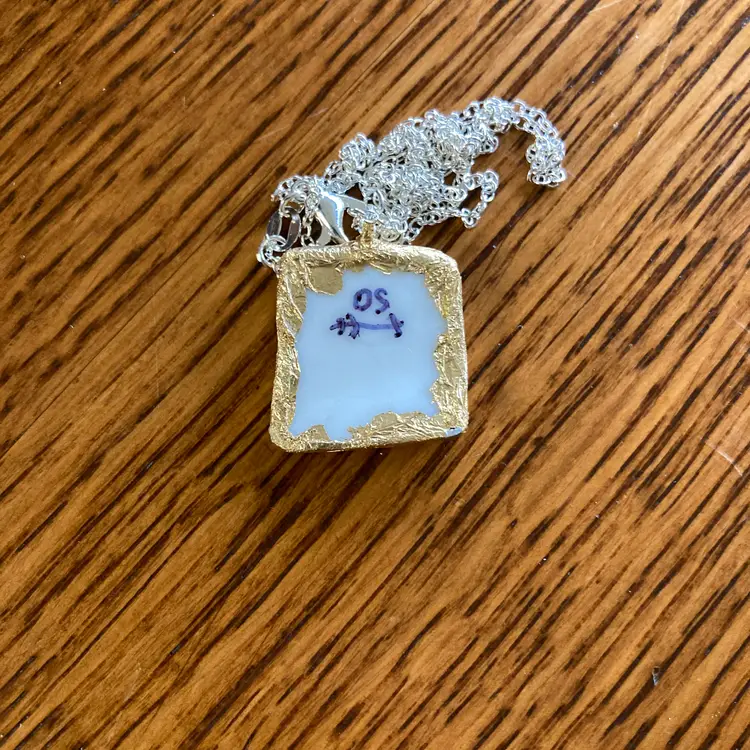 Broken Pottery Artisan Made Floral Pendant Diamond Brand Plate Handcrafted Necklace 3/4 in x 1/7 in