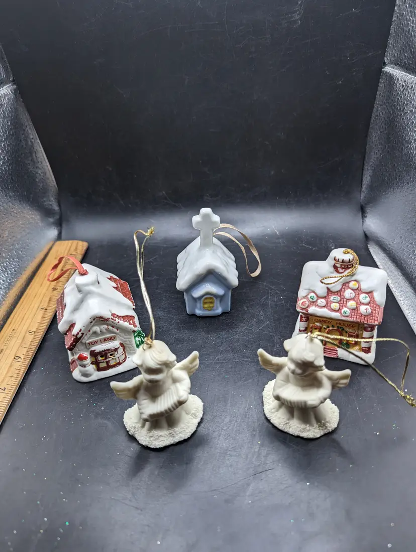 Vintage Lot of 5 Christmas Ornaments Bells Three Village Two Angels.