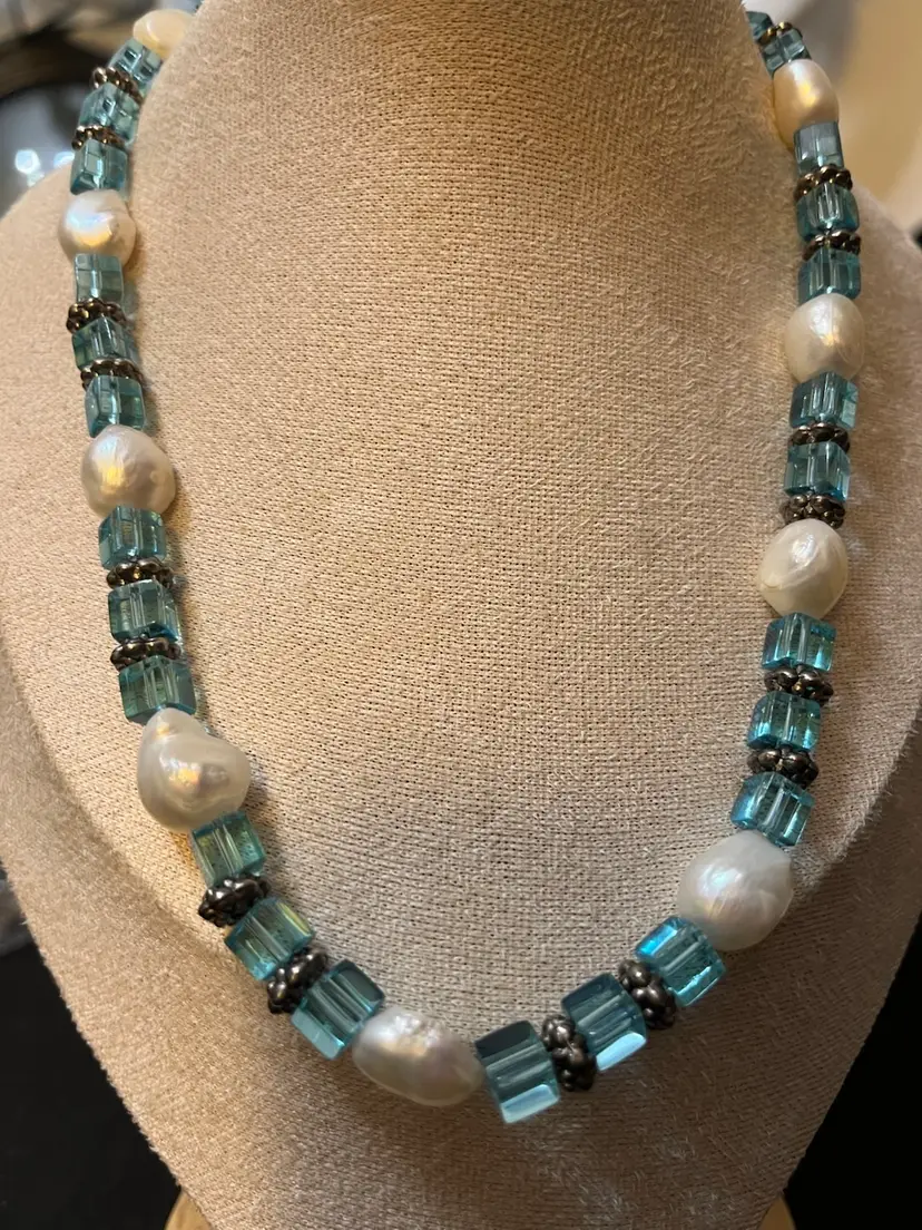 Blue Cube Cut Glass Pearl Sterling Silver Clasp Necklace 17”