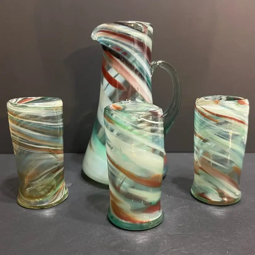 4pc Hand blown Art Glass Pitcher & 3 Tumblers, *Read*