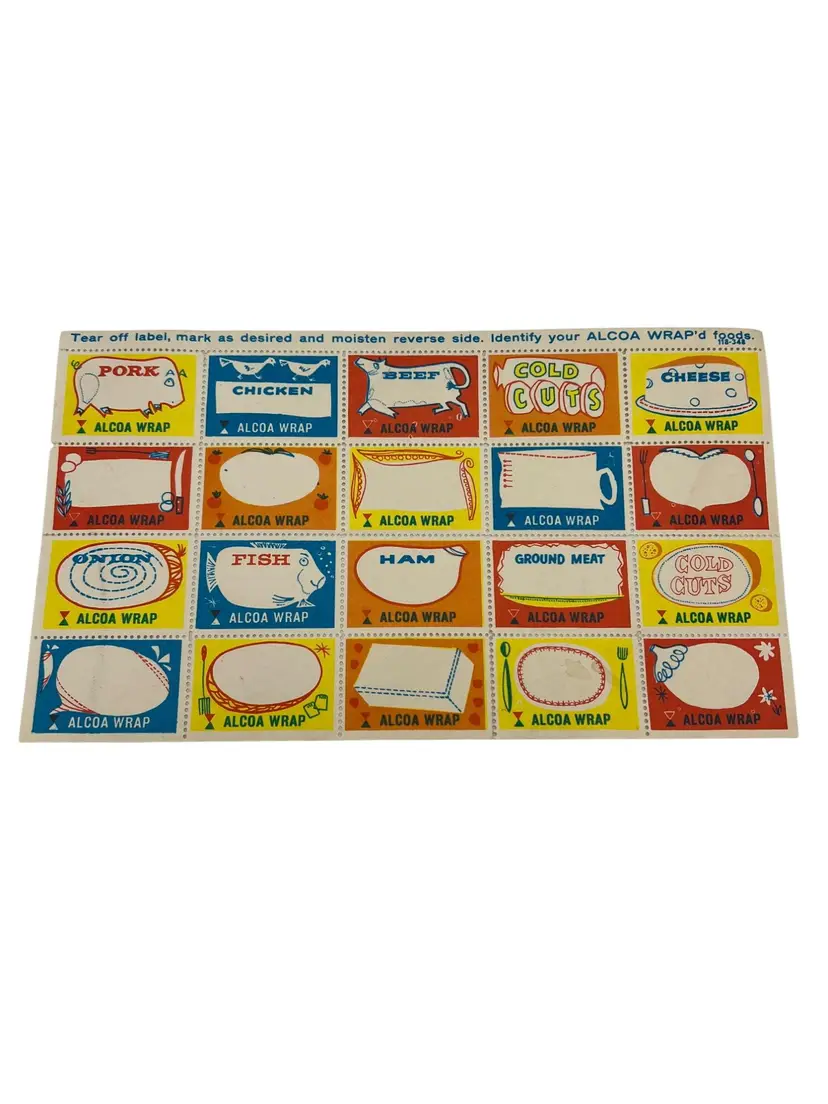 Vintage Alcoa Wrap Food ID Gummed Stamp Set 20 Labels 1960s Kitchen Decor