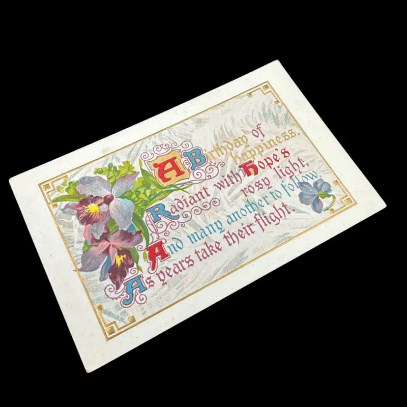 “A Birthday Wish” Gorgeous Red Purple Floral Antique Postcard, Marked 1912, Unposted, Undivided Back