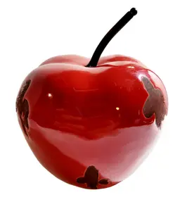 Vintage Red Enamel Over Metal Folk Art Apple Sculpture Signed Decorative Piece