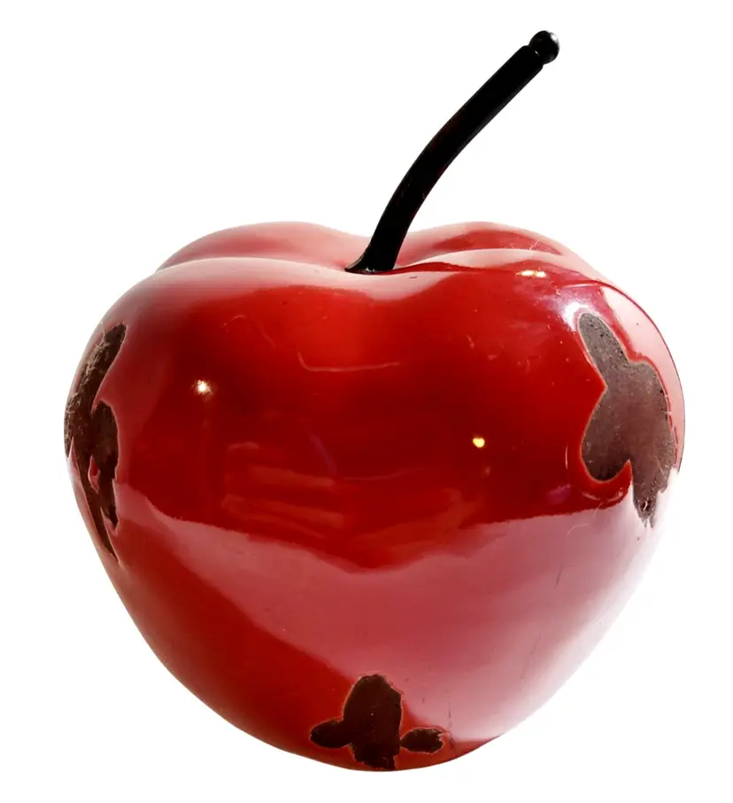 Vintage Red Enamel Over Metal Folk Art Apple Sculpture Signed Decorative Piece