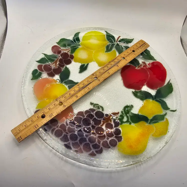 Peggy Karr fused glass plate fruit lemons apples grapes 11" Signed