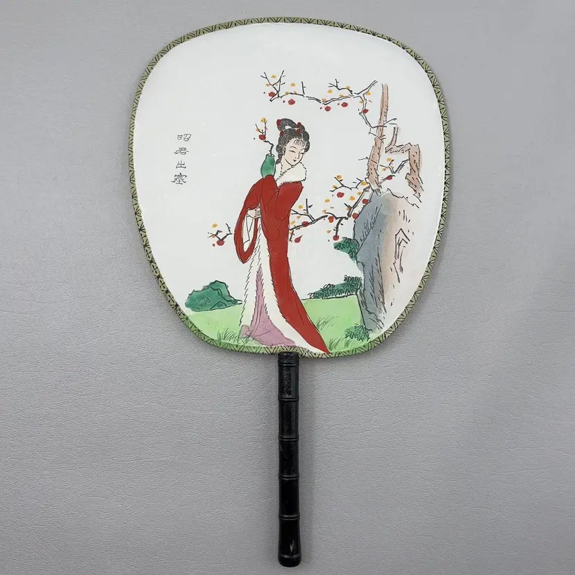 Vintage Japanese Geisha Girl Silk Fabric Paddle Fan Bamboo Handle Cherry Blossom
