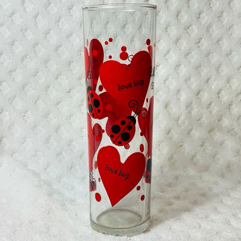 Lady LOVE BUG Crystal Cylinder Indiana Glass 6.75” Tall And 2” Diameter Red Hearts And Lady Bugs In Red And Black 