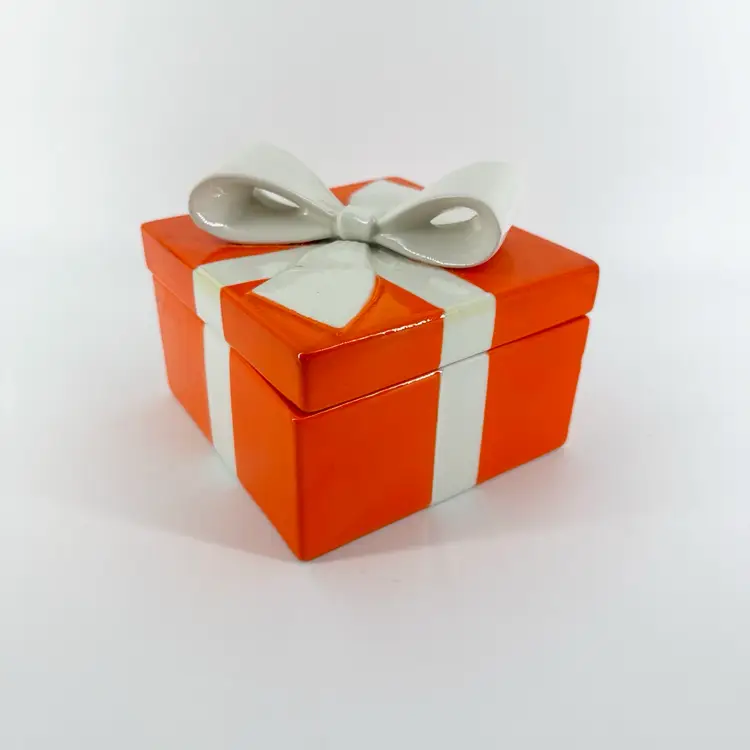 Manciolo Italy 5.25"x5.25" Orange & White Bow Box Lidded Trinket Jewelry