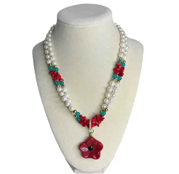 Vintage Red Lampwork Poppy Pendant Pearl, Jade, Red Coral Necklace