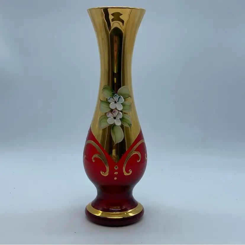 #1004 Hand-painted ruby and gold Bohemian glass vase with floral motifs.