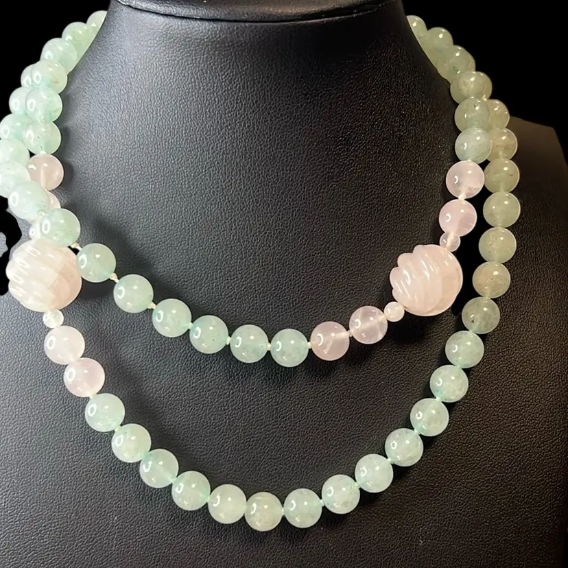Vtg Shou Chinese Carved Pink And Green, Nearly Translucent Jadeite Necklace, Single Strand, Tested, 28” Hand Knotted, No Fastener