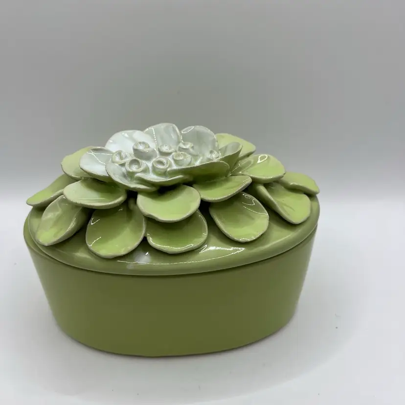 Green Ceramic Box Finger Pinched Flower On Lid 4” Tall X 5.5 Long