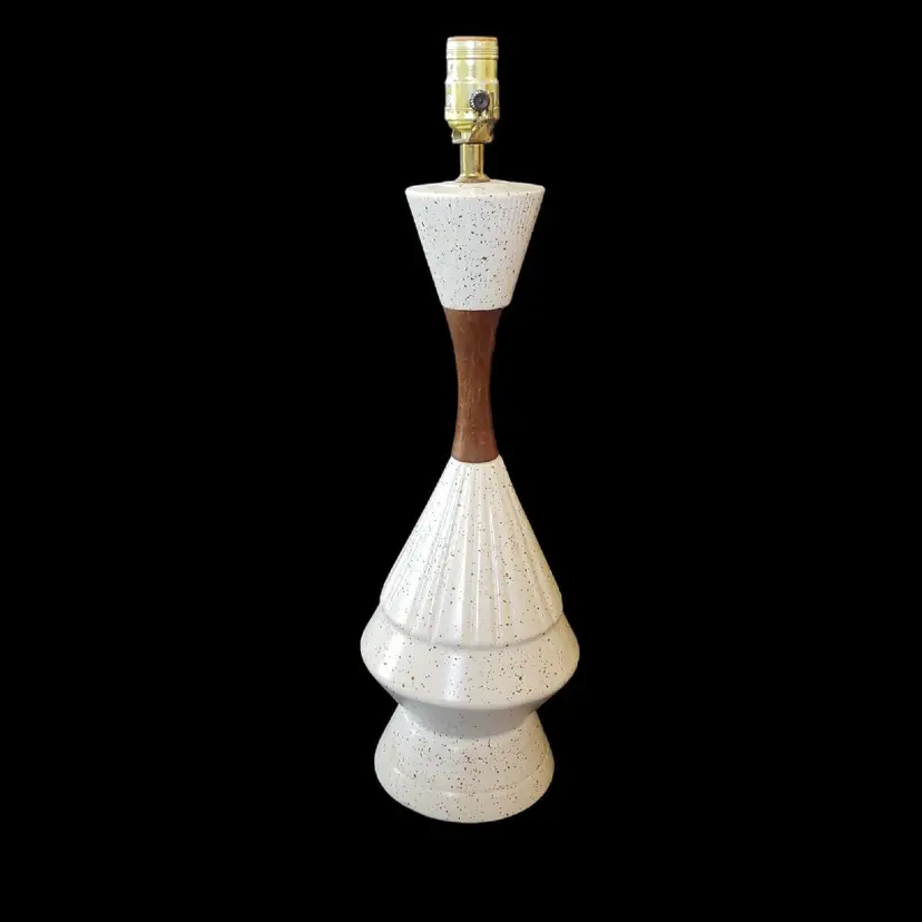 Table Lamp Genie Bottle MCM Ceramic and Wood Light Brown with Brown Specks Vintage