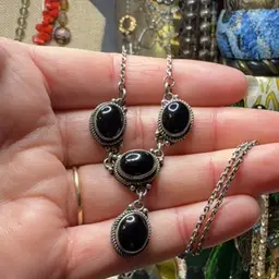 Vintage Sterling Silver Black Onyx Cabochon Dangle 16” Necklace
